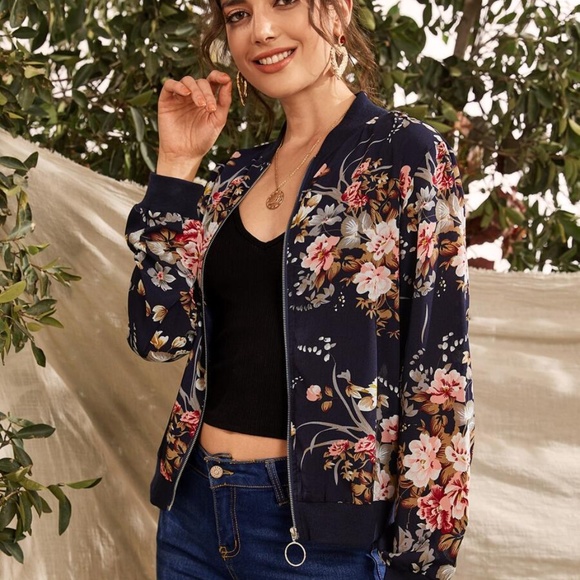 Botanical Print O-ring Zip Up Bomber Jacket